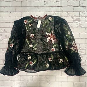 Anthropologie Black Sheer Floral Top